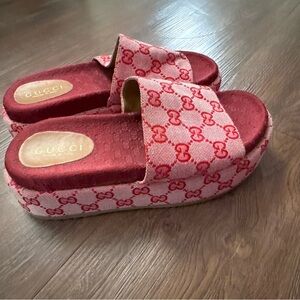 Gucci Red Monogram Platform Slide Sandals